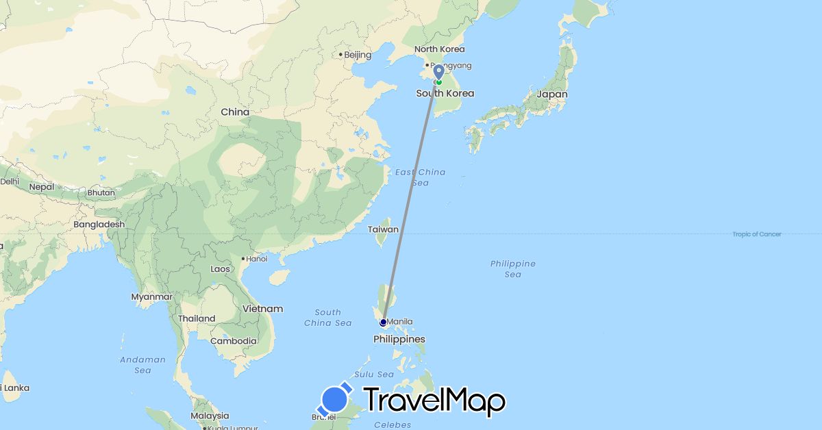 TravelMap itinerary: driving, bus, plane, cycling in South Korea, Philippines (Asia)
